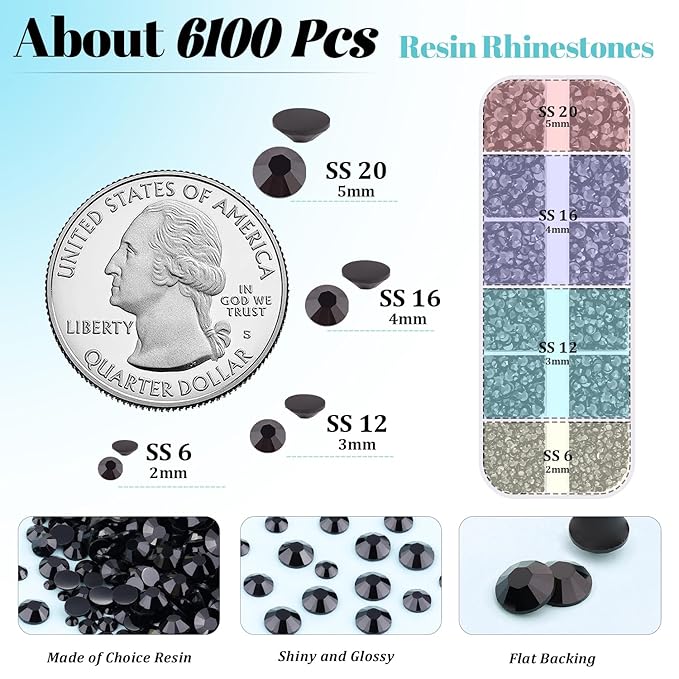 6100Pcs Resin Rhinestones for Crafting with 2Pcs 10ml B7000 Jewelry Glue, 1 Box Flatback Crystals Diamond (Black) for Bedazzling Crafts DIY Nail Art Non Hotfix Gems for Clothing Shoes Tumblers