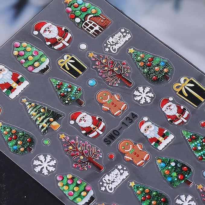 4pcs Christmas Light Strips Nail Art Stickers 5D Embossed Nail Decals Green Christmas Tree & Cute Gingerbread Man Design Xmas Nail Sticker DIY Santa Claus Snowflake Elk Snowman Manicure Decoration