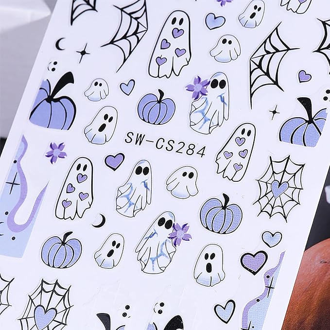 Halloween Nail Art Stickers 6 Sheets Halloween Nail Decals 3D Self Adhesive Cute Nail Stickers Ghost Pumpkin Bat Skull Pattern DIY Manicure Supplies Hallowee Nail Decorations for Women Girls