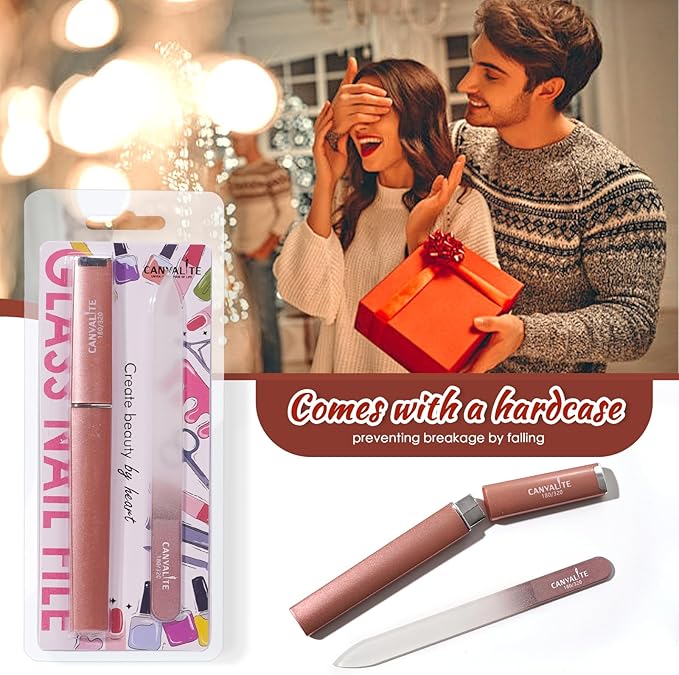 CANVALITE Glass Nail Files for Natural Nails - Double Sided 180/320 Grit Crystal Glass File with Case, Gentle Emery Boards for Damaged Nails, Stocking Stuffers for Women (Rose Gold)