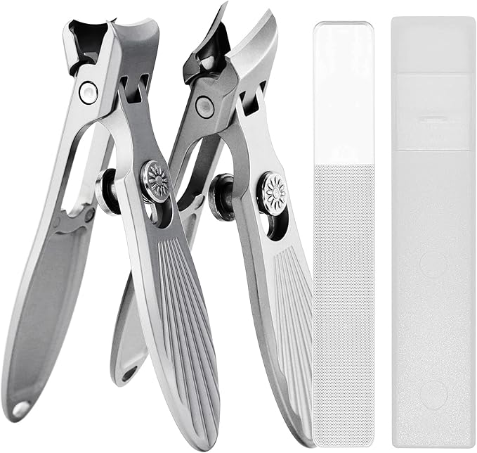 Curved and Slanted Nail Clippers Set for Men Thick Nails, Large Wide Jaw Opening Heavy Duty Stainless Steel Ultra Sharp Toenail Clippers with Catcher for Adult,Seniors (Grey-Combo)