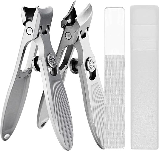 Curved and Slanted Nail Clippers Set for Men Thick Nails, Large Wide Jaw Opening Heavy Duty Stainless Steel Ultra Sharp Toenail Clippers with Catcher for Adult,Seniors (Grey-Combo)