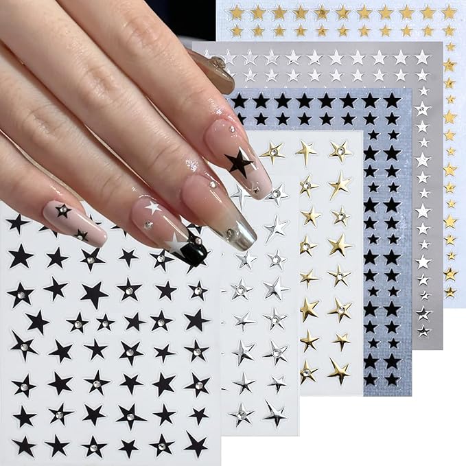 6 Sheets Star Nail Art Stickers Black Gold Silver Nail Decals with Silver Glitter Rhinestones Design 3D Self Adhesive Cute Star Nail Design Stickers Spring Nail Decor for Women Manicure Supplies