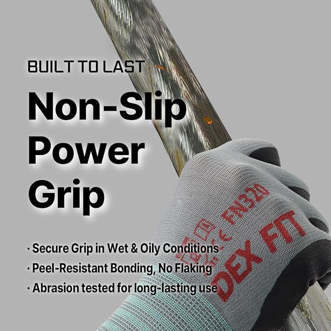 DEX FIT Nylon Work Gloves FN320, 3D Comfort Fit, Power Grip, Lightweight, Touchscreen for Men & Women, Breathable & Flexible for Yard Work DIY Mechanic Warehouse; Grey 8 (M)