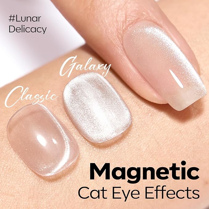 modelones Cat Eye Gel Nail Polish, 15 ML Silver Nude Glitter Holographic Glass Cat Eye Summer Jelly Shimmer Reflective Translucent U v Gel Magnetic Nail Polish Top Coat for Women Girl