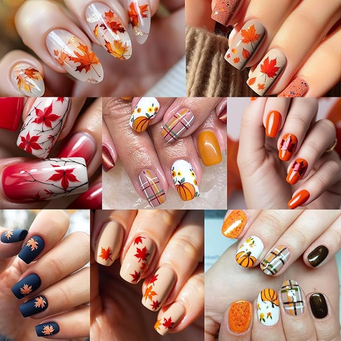 6 Sheets Fall Nail Stickers for Nail Art Orange Red Maple Leaves Nail Art Stickers Glitter Thanksgiving Pumpkin Nail Decals 3D Self-Adhesive Autumn Maple Leaf Nail Decoration for Women