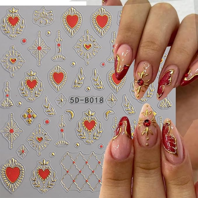 3 Sheets Bohemian Style Nail Stickers 5D Embossed Star Nail Art Stickers Self-Adhesive Heart Moon Sun Nail Decals Bohemia Metallic Nail Designs Accessories Stars Nail Decoration for Women Girls DIY