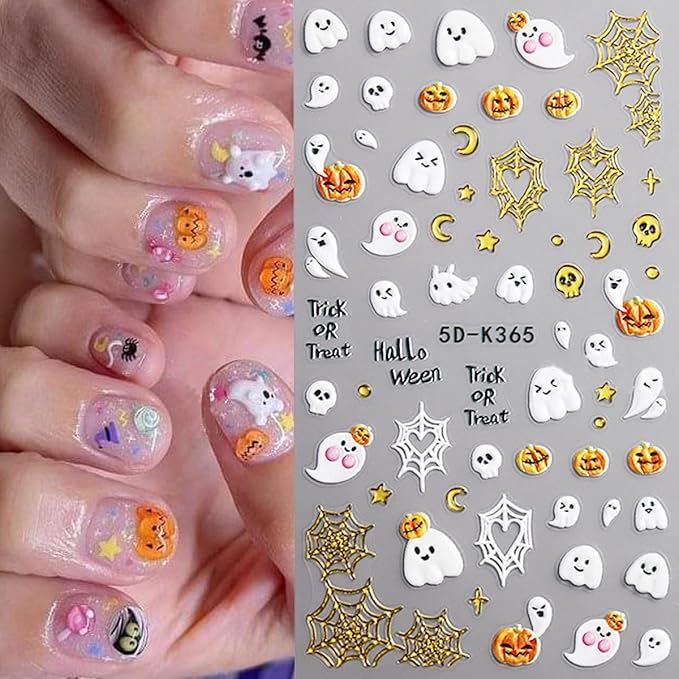 Halloween Nail Art Stickers Decals Cute Ghost Black Cat Nail Decals 2PCS 5D Embossed Gold Pumpkin Spider Web Castle Cat Paw Self-Adhesive Design Halloween Nail Stickers for Women Manicure Decorations