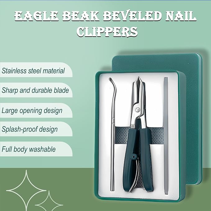 Eagle Beak Beveled Nail Clippers, Wide Jaw Opening Anti-Splash Slanted Nail Clippers Set, Super Sharp Oblique Large for Thick Nails, Seniors & Ingrown Care (Green)