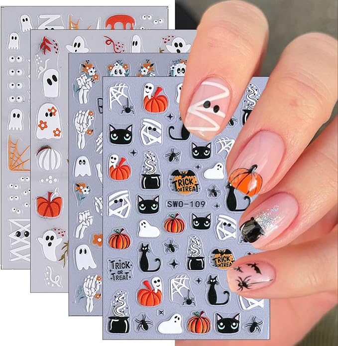 4 Sheets Halloween Nail Art Stickers Decals Cute Cat Ghost Nail Decals 3D Self-Adhesive Pumpkin Spider Web Skeleton Flower Nails Stickers Halloween Nails Supplies for Women Manicure Decor