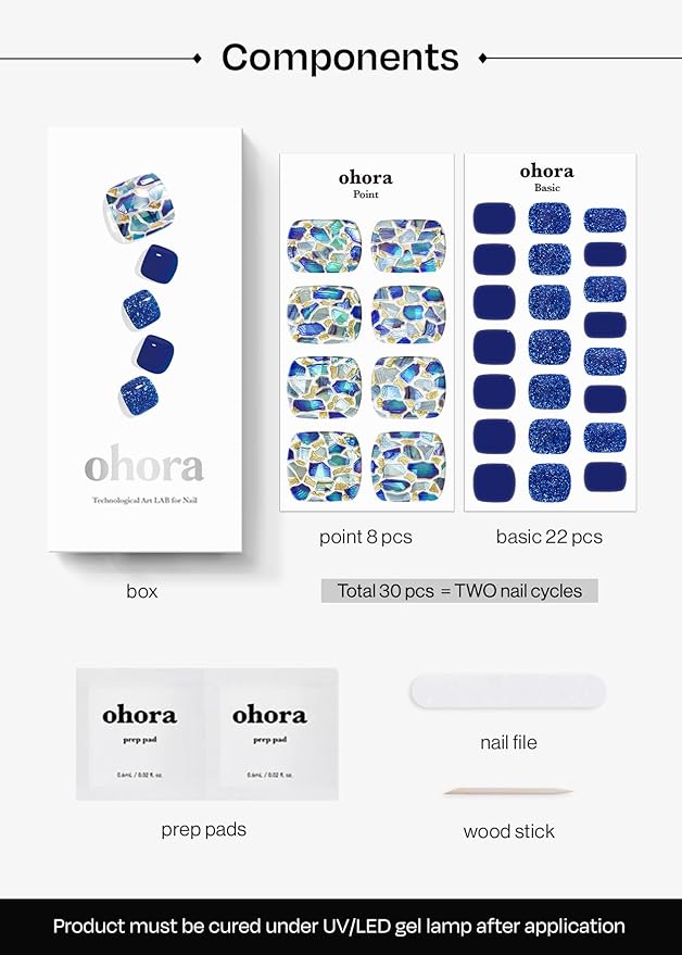 ohora Semi-Cured Gel Pedi Strips 34pcs(P Positano) - Includes 16 Solid Color, 14 Accent Wraps, 2 Prep Pads, Nail File & Wooden Stick