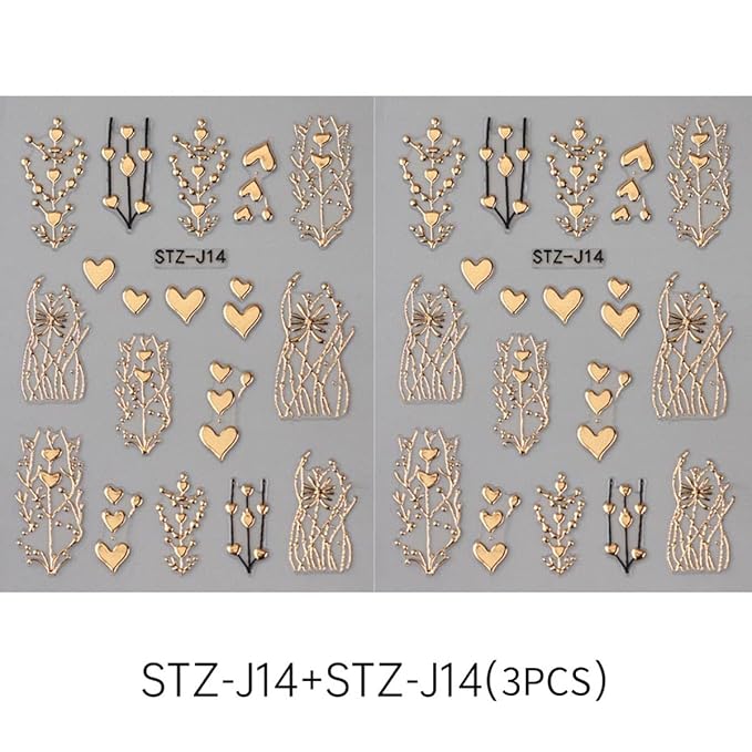 Golden Heart Nail Stickers for Nail Art 3D Bronzing Heart Nail Art Stickers 3PCS Metallic Golden Love Hearts Tree Stripe Design Self-Adhesive Nails Decals Supply for Women DIY Manicure Decorations