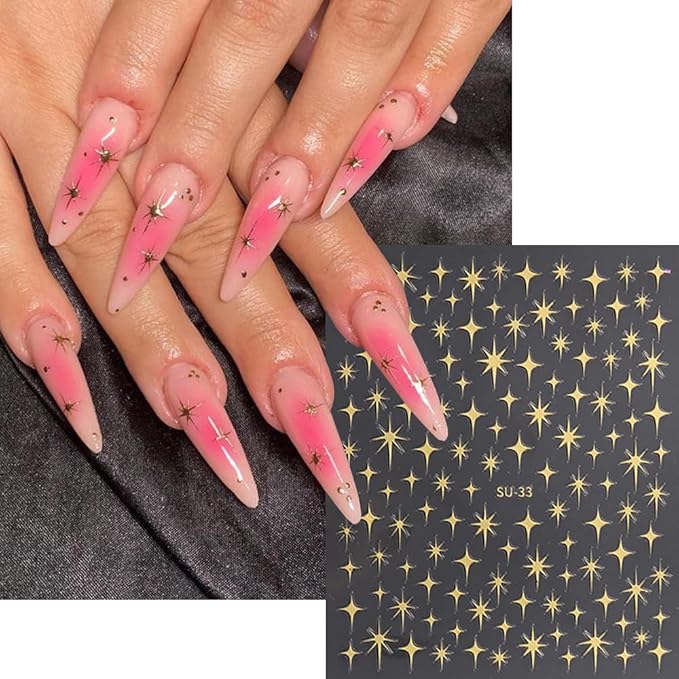 4 Sheets Starlight Star Nail Stickers 3D Glitter Shiny Purple Gold Silver Laser Stars Nail Art Designs Self-Adhesive Nail Decals for Women Girls DIY Manicure Decoration Supplies
