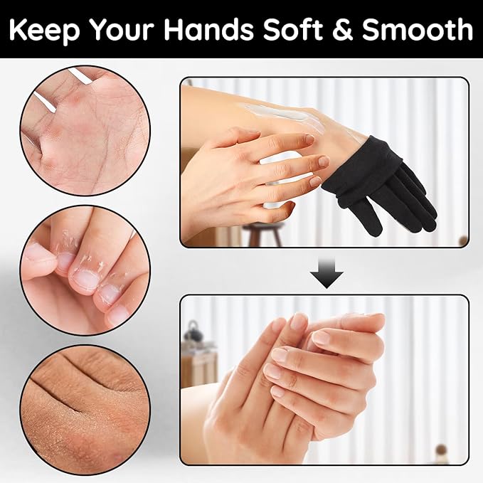 Segbeauty 20 Counts Elastic Touch Screen Black Lotion Gloves Overnight for Sleeping, 10 Pairs Moisturizing Cotton Gloves for Men with Elastic Band, Dry Hand Spa Gel Cotton Work Glove for Women Bulk