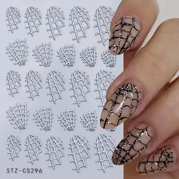 Spider Web Nail Art Stickers 3D Self-Adhesive Halloween Nail Decals 6PCS Glitter Sliver Spider Web Halloween Nails Design Manicure Supply Transfer Sliders for Women Holiday DIY Nail Art Decorations