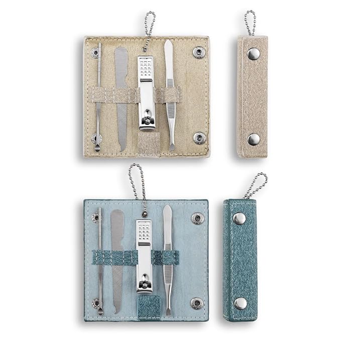 Portable 4 in 1 Nail Care Kit with PU Leather Case Compact Travel Manicure Set Includes Nail Clipper, Ear Spoon, Nail File, Eyebrow Tweezers, 2 Set (Blue and Beige) for Home,Travel