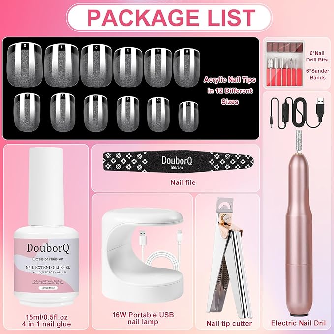 Major Dijit Gel Nail Kit - Beginner Gel Nail Set with Nail Drill, 0.5oz 4-in-1 Nail Glue, 500PCS Short Square Nail Tips, UV Lamp for Nail Extension & Art