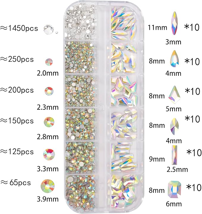 Multi Shapes AB 3D Glass Crystal Nail Rhinestones Kit Mix 0.8mm Silver Nail Round Beads Charm Flatback Gems 5 Grids Flatback Rhinestones Stone Diamond for Manicure Makeup DIY Decoration