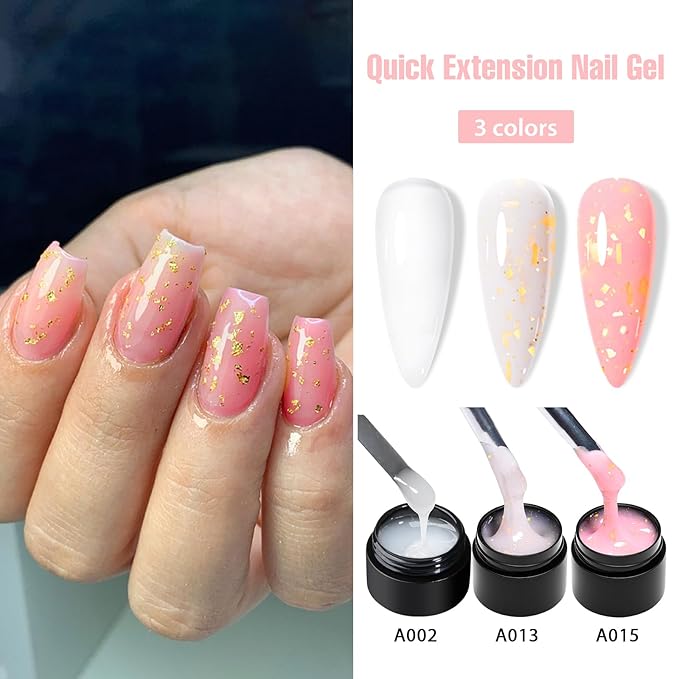 MEET ACROSS Poly Nail Gel 8Pcs Nail Extension Gel Set and Nail Extension Starter Kit for Beginners Nail Art DIY Home Gifts for Women (White + Gold Foil, 8pcs)