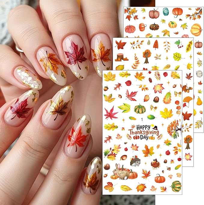 6Pcs Fall Nail Stickers for Nails Art - Cute Pumpkin Nail Decals Yellow Fallen Leaves for Nails Autumn Maple Leaf Theme Thanksgiving Nail Design Adhesive Sticker Sliders for Women Nail Art Decorations