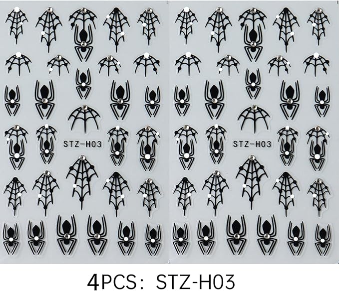 4 Sheets Halloween Nail Stickers for Nail Art, Spider Nail Decals Self Adhesive Black Nail Art Stickers Spider Web Nail Decorations with Rhinestone Halloween Manicure Supplies for Women and Girls