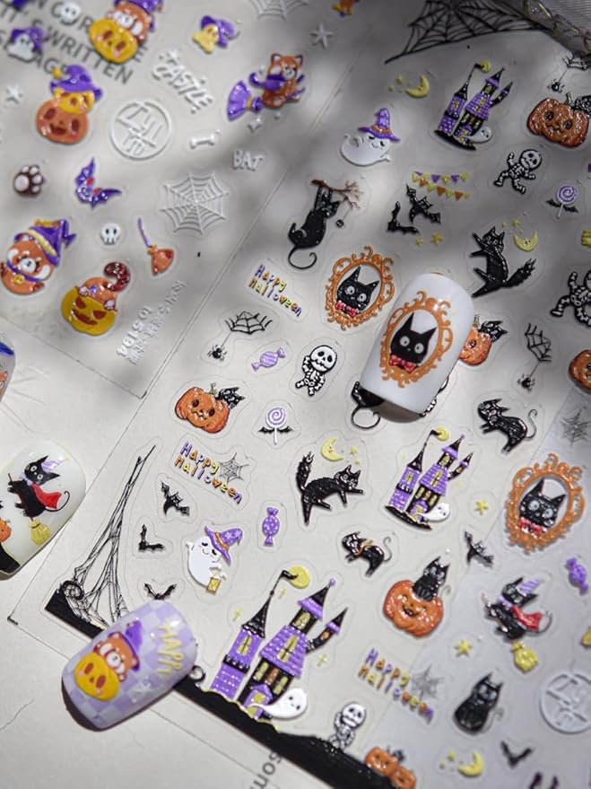 Halloween Nail Stickers 5D Embossed - Self-Adhesive Nail Art with Cute Ghosts, Pumpkins, Cats, Haunted Houses. Easy to Apply, Long Lasting, Perfect for DIY Manicure, Trick or Treat, Home or Salon