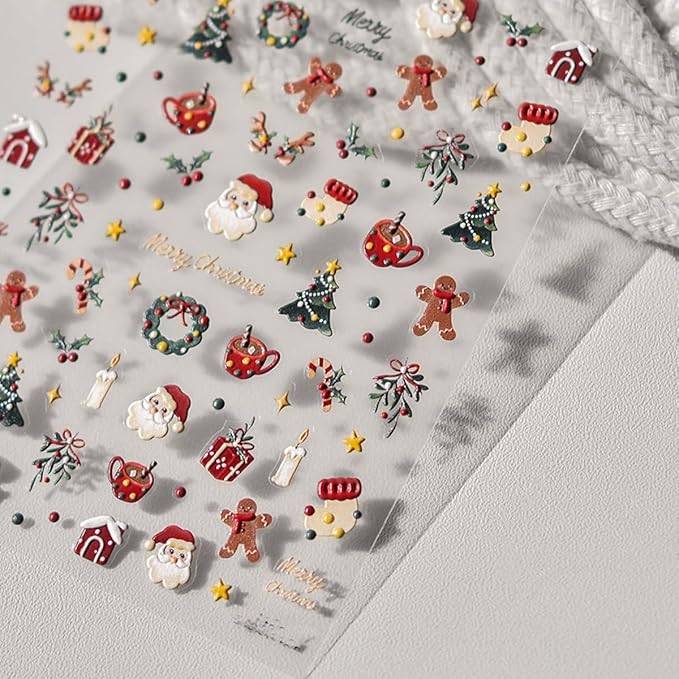 Christmas Nail Art Stickers Decals 5D Santa Claus Christmas Tree Nail Stickers 1PCS Self-Adhesive Santa Trees Gifts Holly Gingerbread Man Design Xmas Nails Adhesive Decals Supply for Women Girls
