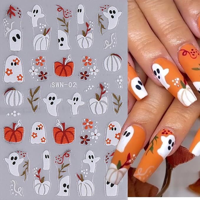 Halloween Nail Art Stickers Decals 5D Embossed Halloween Nail Decals 4PCS Ghost Bandage Eye Ball Spider Web Pumpkin Nails Design Adhesive Stickers Manicure Supply for Women DIY Nail Art Decorations