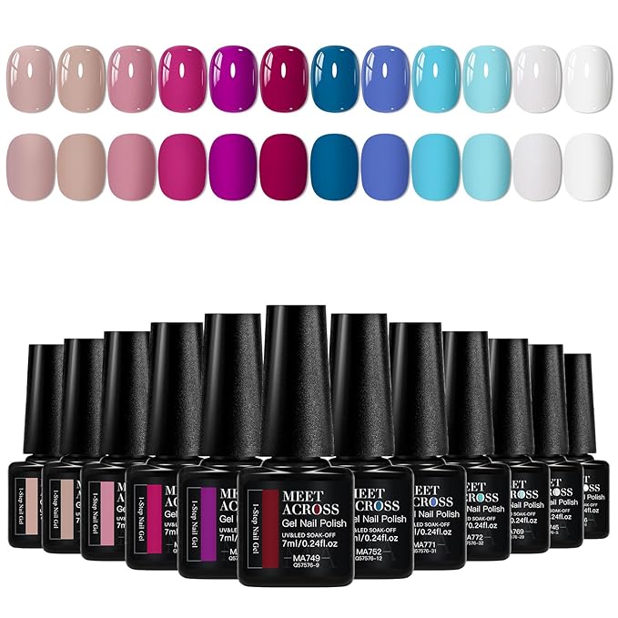 MEET ACROSS 12 Colors One Step Gel Nail Polish Set All-in-One Step Gel Polish Purple Blue Soak Off LED/UV Long Lasting Nail Polish DIY Salon Manicure at Home