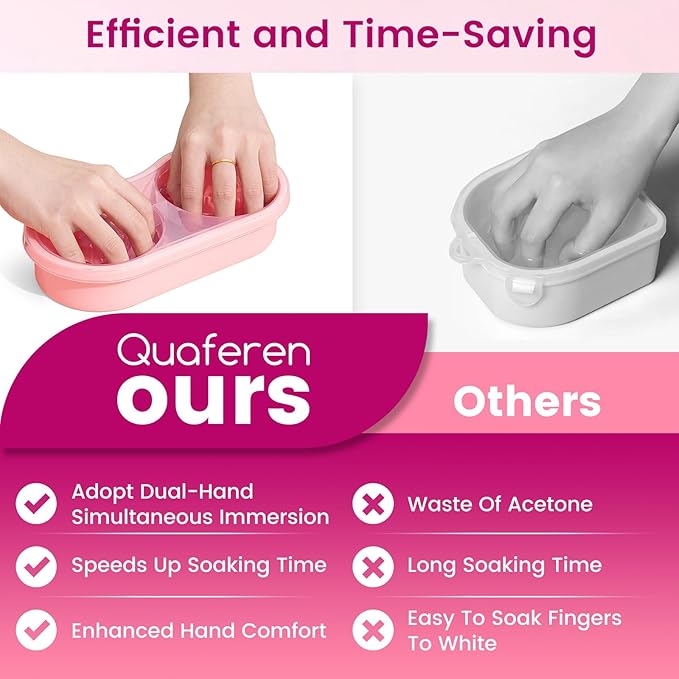 Quaferen Dual Nail Soaking Bowl: 2-in-1 Nail Polish Remover Manicure Bowl Acetone Proof for Women, Time-Saving Soak Off Acrylic Nail Removal Kit for Salon Home (Normal Size, Pink)