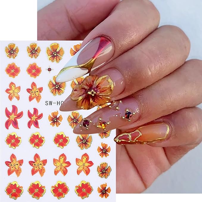 Colorful Flowers Nail Art Stickers 3D Orange Flower Nail Decals with Gold Edge Designs Nail Stickers Self-Adhesive Wildflowers Leaf Nail Decal Cute Floral Leaves Nail Sticker for Women Nails Decor