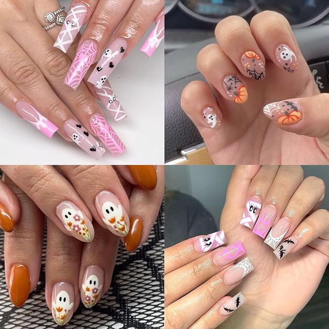 3Pcs Halloween Nail Stickers 5D Embossed Flower Ghost Nail Decals Spider Web Pumpkin Bandage Design Goth Spider Nail Art Stickers French Mummy Skeleton Nails Supplies for Women Holiday Manicure Decor