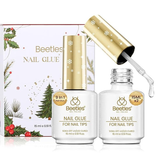 Beetles 9 In 1 Gel Nail Glue Kit, 2Pcs 15ml Christmas UV Nail Glue for Acrylic Nail Tips, Super Strong Brush for Base Coat, Christmas Gift for Women, UV LED Light Required
