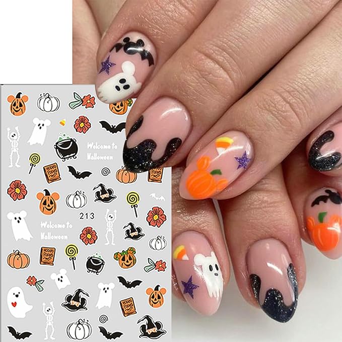 8 Sheets Halloween Nail Art Stickers - Cute Ghost Pumpkin 3D Self Adhesive Decals - Glitter Flower Spooky Design Gothic Bat for Women DIY Manicure Supplies