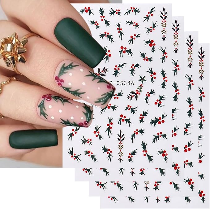 Christmas Nail Art Stickers Green Nail Decals with Green Leaves Red Beans Design 3D Self-Adhesive Nail Stickers Acrylic Accessories Nail Supplies for Women DIY Christmas Decorations 4 Sheets