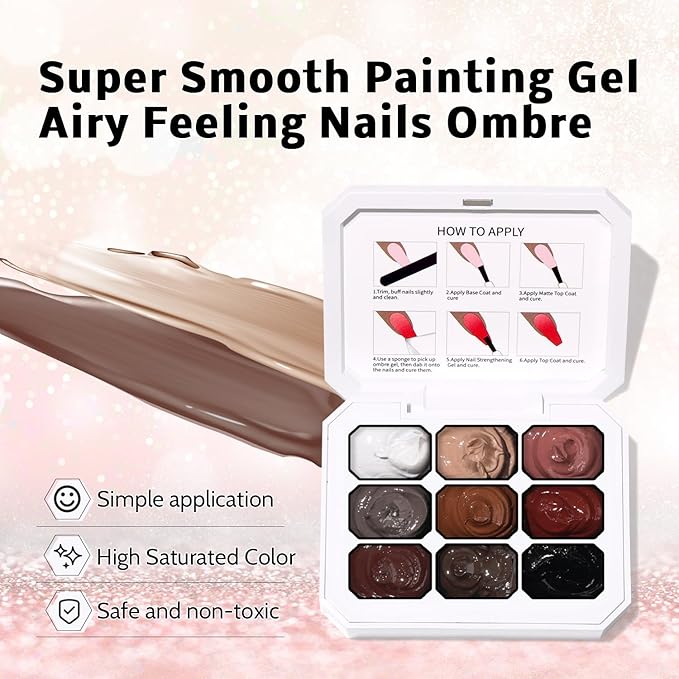 Sponge Pat Paint Nail Gel, 9 Colors Ombre Nails Gradient Gel Nail Blush Blooming Aura Nails Drawing Stripper Floral Painting Nail Art, No Wipe, UV/LED Curing (All-in-One Kit)