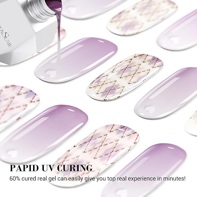 MelodySusie Semi Cured Gel Nail Strips, 20 PCS Gel Nail Stickers, Gel Nail Wraps, UV Light Required, Durable and Salon Quality (Purple Argyle Check)