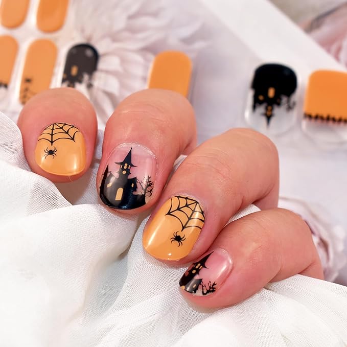 Semi Cured Gel Nail Strips Orange Gel Nails Sticker 22pcs Halloween Spider Nail Wraps for Home Nails DIY