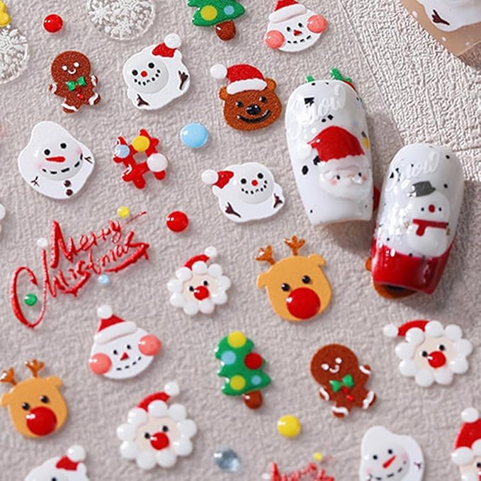 5D Christmas Nail Art Stickers Embossed Self Adhesive Nail Decals Cute Snowman Elk Santa Claus Snowflake Bell Nail Design Winter Xmas Nail Supplies for Women New Year Nail Decoration Accessories