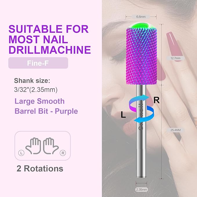 3/32" 2PCS Large Barrel Smooth Round Top Tungsten Carbide Nail Drill Bit Safety Bit for Gel & Acrylic Removal, 2-Way Rotating Efile Tip, Salon Electric File Accessory (F Grit, Purple)