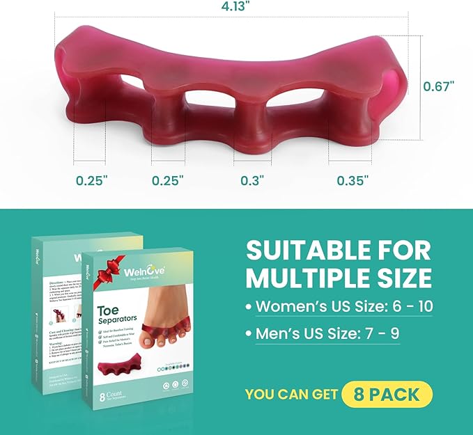 Welnove Toe Separator Bunion Corrector - 8 Pcs Gel Toe Straightener to Restore Hammertoes to Their Original Shape for Women Men, Toe Spacers for Gifts (Deep Red)