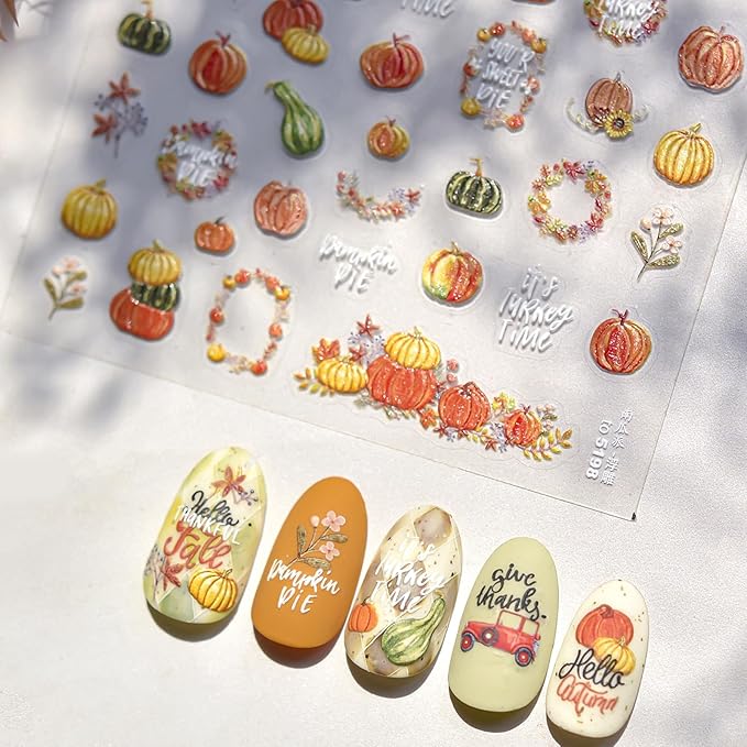 1 Sheet Fall Nail Stickers 5D Embossed Maple Leaves Nail Stickers for Nails Thanksgiving Day Pumpkin Nail Decals Fall Leaf Garland Nails Supplies Autumn Leaves Pumpkin Design Sticker for Women