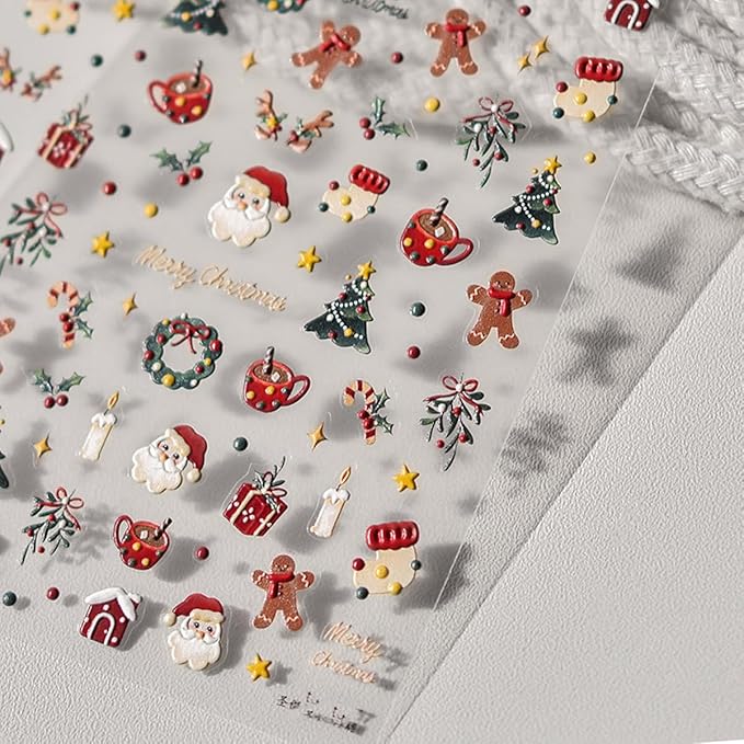 Christmas Nail Art Stickers Decals 5D Santa Claus Christmas Tree Nail Stickers 1PCS Self-Adhesive Santa Trees Gifts Holly Gingerbread Man Design Xmas Nails Adhesive Decals Supply for Women Girls