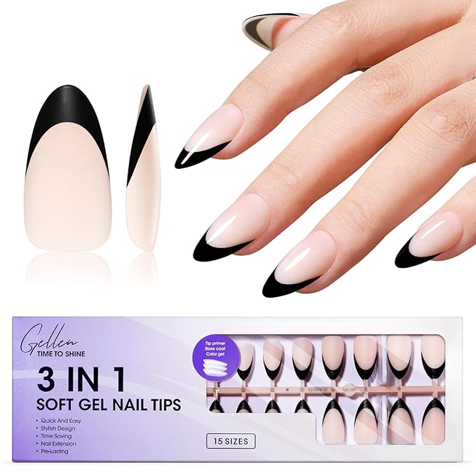 Gellen French Gel Nails, Soft Almond French Tip Press on Nails 150 Pcs, Classic Pink French Tip Nails, 3 in 1 No Need to File Natural Full Cover Tips 15 Sizes, Glue On Nails for Women Nails Art