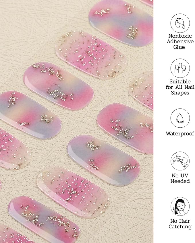 Nail Polish Strips - 22 Pcs Salon Quality Gel Nail Stickers - Long Lasting Wraps (Iridescent Jellfish Pink&Blue)