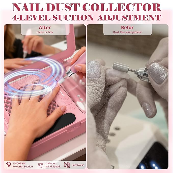 Nail Dust Collector and Cordless Electric Nail Drill File Kit, Professional Portable Manicure Pedicure, 13 Bits, HPro Powerful Dust Suction Machine for Home Salon - Pink