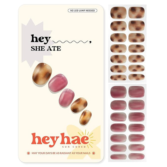 Heyhae Semi Cured Gel Nail Strips | No LED Lamp Needed | Summer, Marble, Red | Easy Apply & Remove, Salon Quality | Includes 28 Strips, 1 Prep Pads, Nail File & Wooden stick - Hey, She Ate