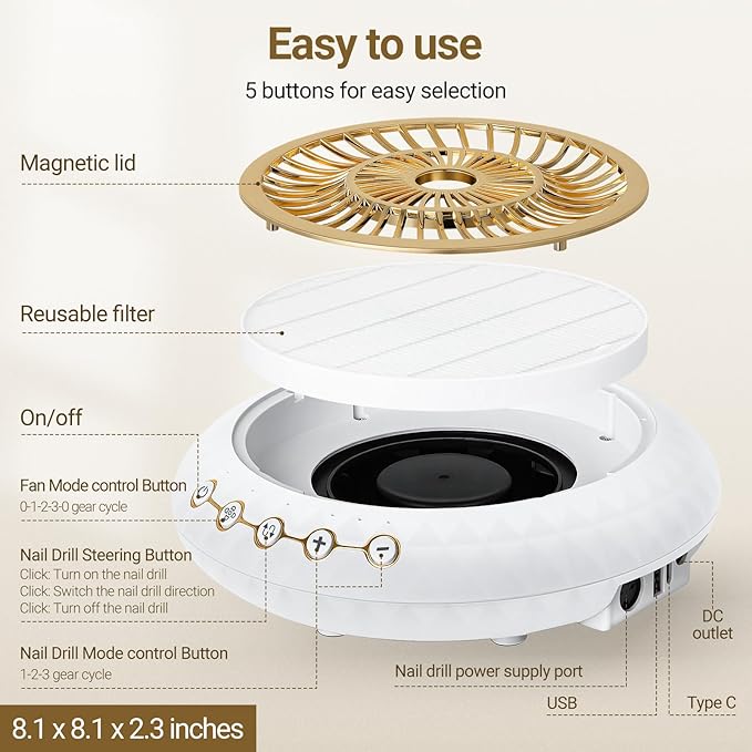 Nail Dust Collector 5000RPM Quiet Vacuum Fan - 30000RPM Nail Drill Electric File with Multiple Professional Grinder Bits(2 in 1 Set),Home & Salon Manicure - Beginners & Pros