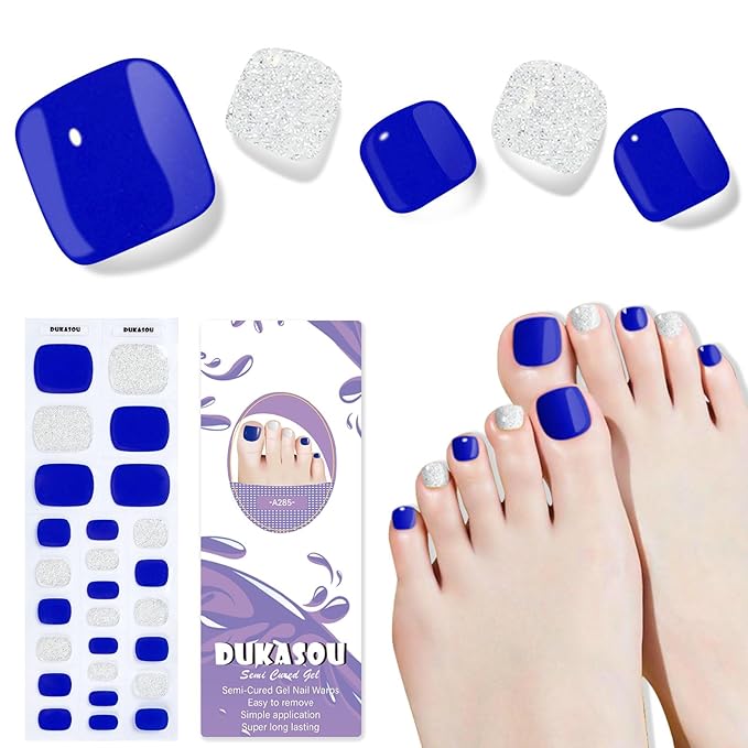 Semi Cured Gel Toe Nail Strips,26 Pcs Toes Nail Stickers Wraps(Shiny Blue),UV Light Required,Easy to Apply
