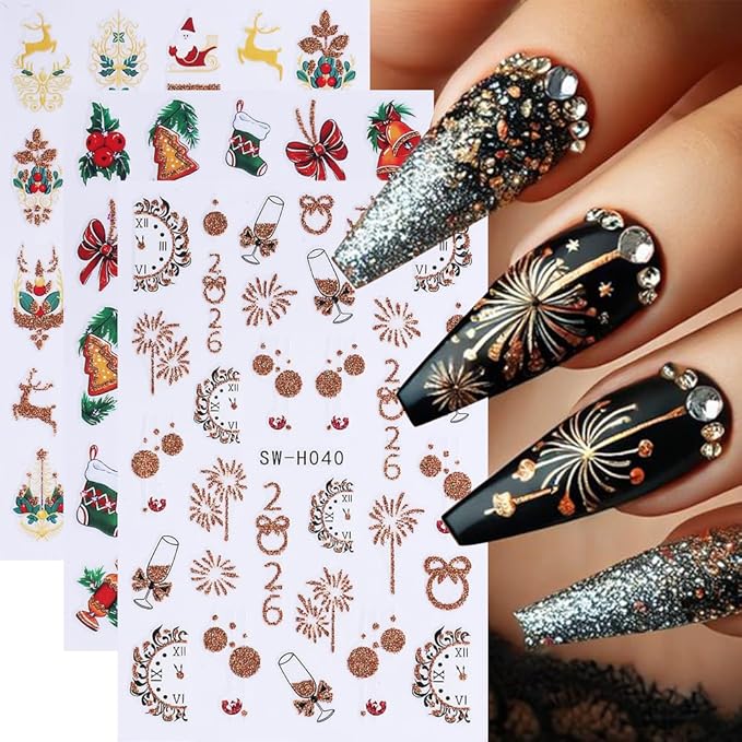 6Pcs Christmas Nail Stickers Red Bow Socks Little Bell Fruit Nail Decals DIY Self Adhesive Santa Claus Gold Tree Fireworks Design Nail Decoration Supplies Holiday Manicure Accessories for Women Girls